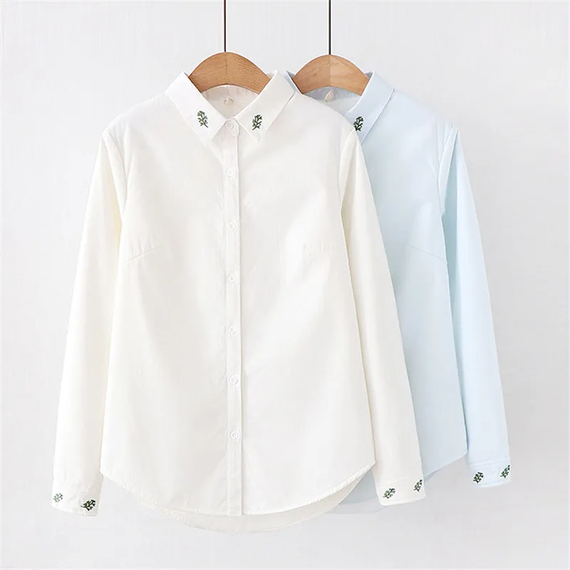 

HSA Women Winter Embroidery Plus Velvet Shirt Long Sleeve Female Shirts Embroidery Solid Turn-Down Collar Thick Warm Blouse Tops