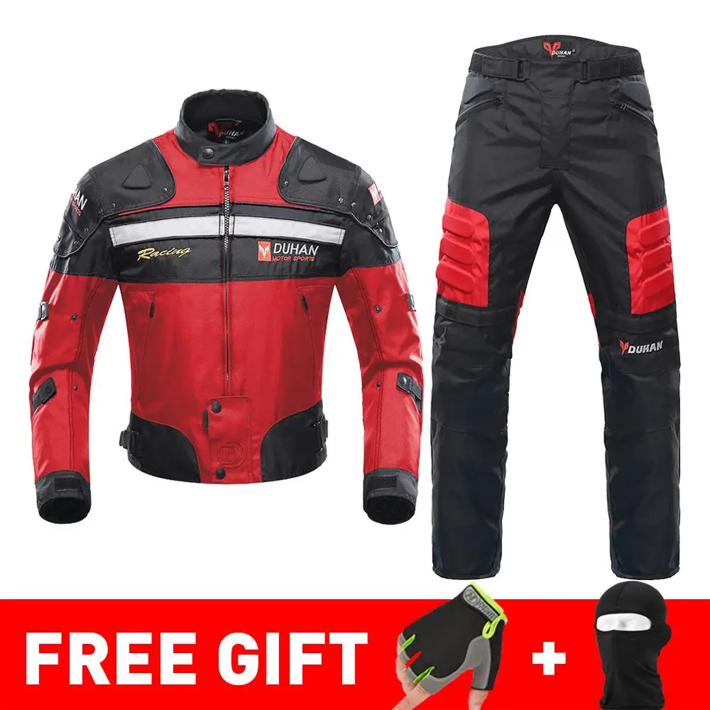 020 Red Suit DUHAN осень зима морозостойкая Мотоциклетная Куртка Мото+ протектор мотоциклетные штаны мото костюм туристическая одежда защитный комплект - Цвет: 020 Red Suit