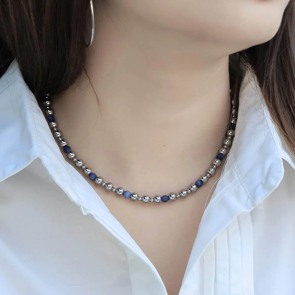 6 мм из нержавеющей стали бисерное ожерелье с голубым содалитовым камнем в