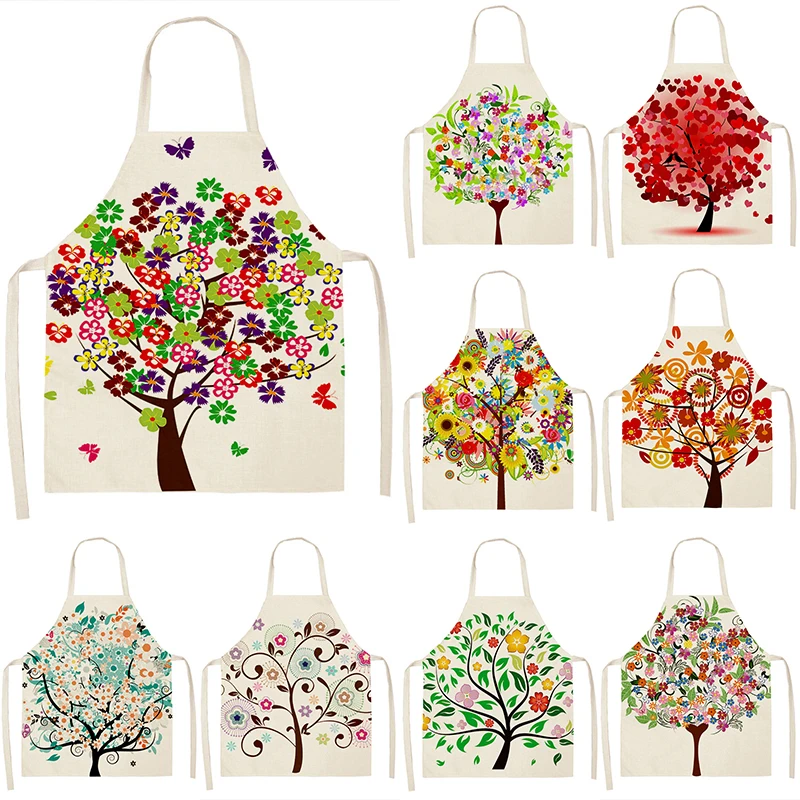 

Colorful Tree Printed Kitchen Sleeveless Aprons Cotton Linen Bibs 53*65cm Household Women Cleaning Pinafore Home Cooking 46417