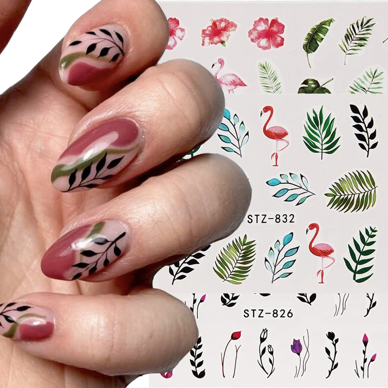 

3D Nail Art Stickers Colorful Green Leafs Bird Cactus Flowers Transfer Nail Sticker DIY Summer Nails Decals Nail Art Decoration