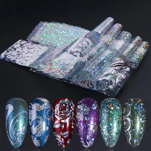 242 10pc Holographic Foils Nail Transfer Wraps Lace Flower Snowflake Clear Black Adhesive Sticker Set Nail Foil Gradient Tips CH1040 - Цвет: 242