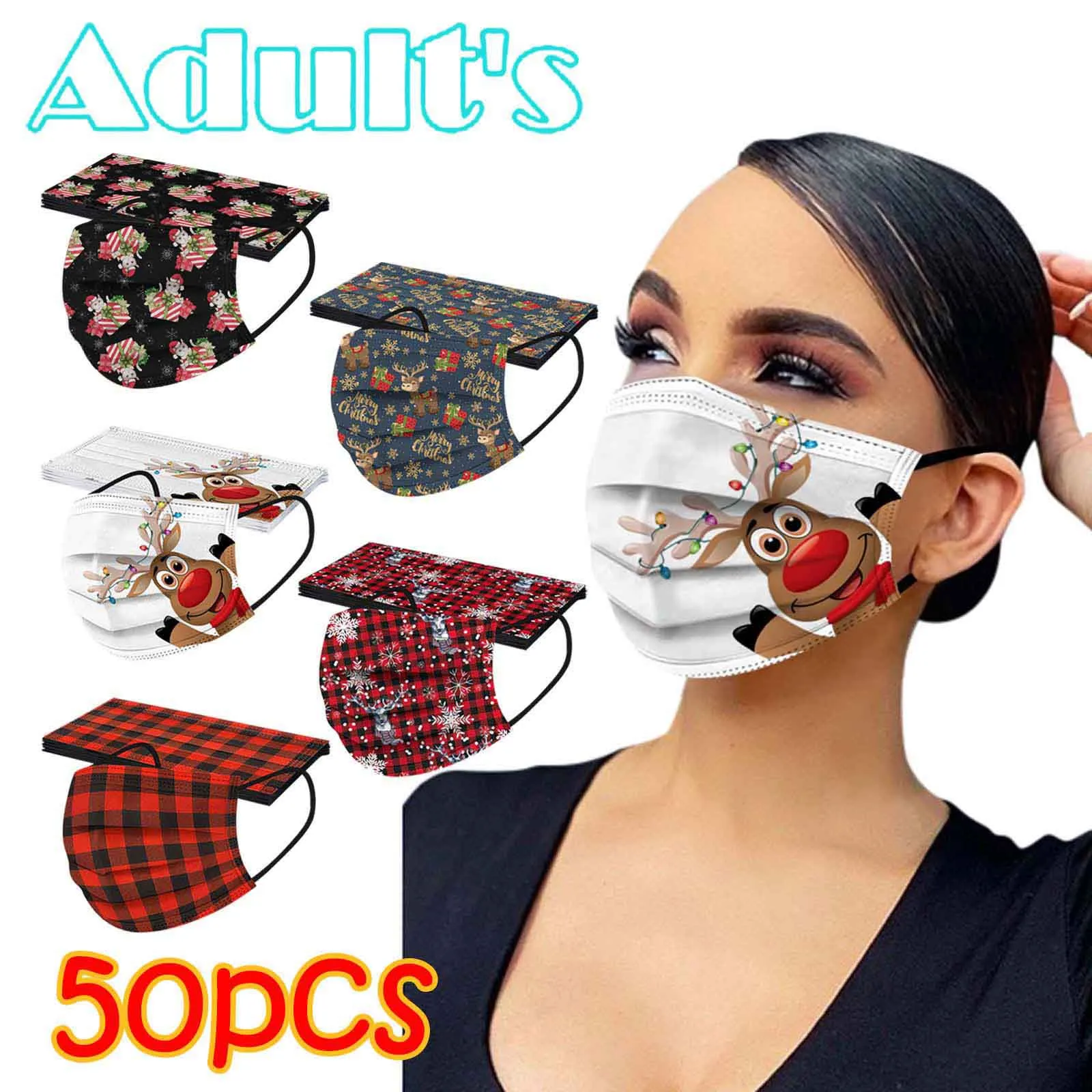 

50pcs Adult Face Mask Merry Christmas Mouth Cover Black Fabric Facial Mask Disposable Face Masque Industrial 3ply Ear Loop Mask