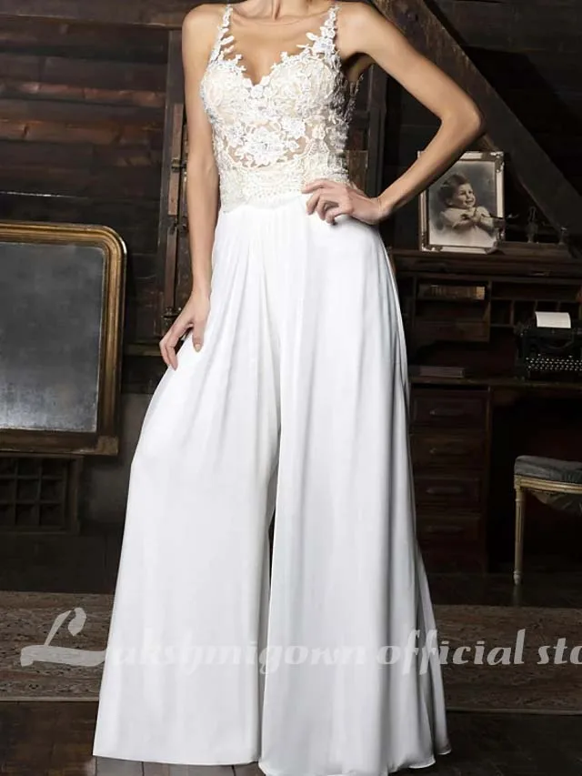 

Женский шифоновый комбинезон без рукавов, винтажный комбинезон в пол с V-образным вырезом и аппликацией, свадебное платье, 2020