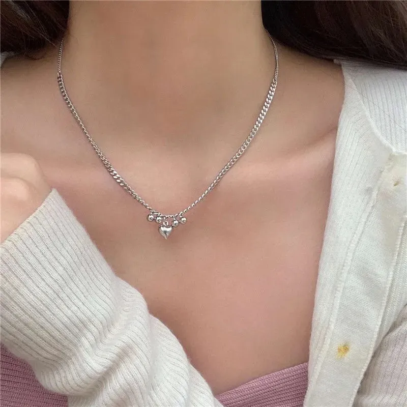 

2021 Kpop Vintage Punk Stainless Steel Heart Metal Ball Pendant Choker Necklace For Women Egirl Hip Hop Harajuku Trendy Jewelry