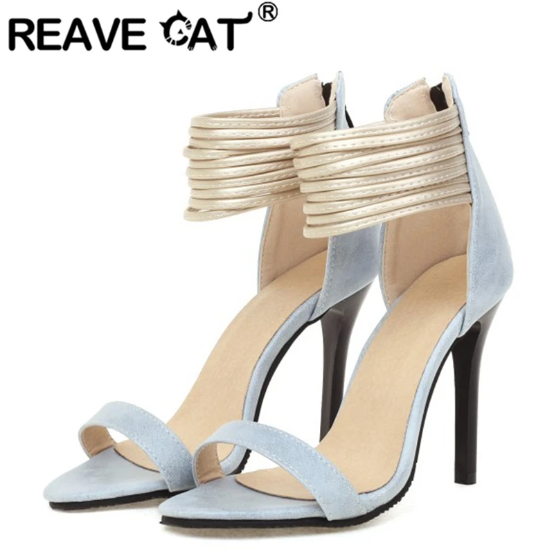 

Женские босоножки на высоком каблуке REAVE CAT, элегантные летние сандалии разных цветов с открытым носком и молнией, модель A4598 белого, черного, синего цветов, 32-48