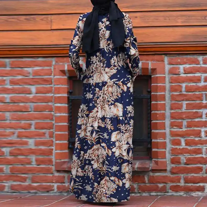 

Autumn Women's Clothing Muslim Dresses 2021 Vintage Printed Dress Casual Long Sleeve Maxi Vestidos Female O Neck Robe Plus Size
