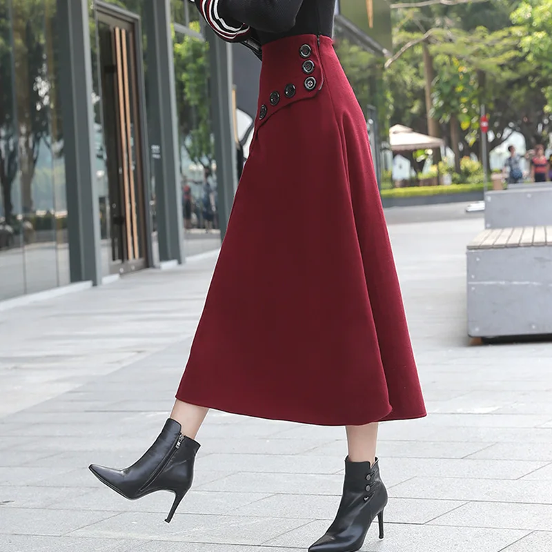 Женская теплая шерстяная длинная юбка с высокой талией и пуговицами модная