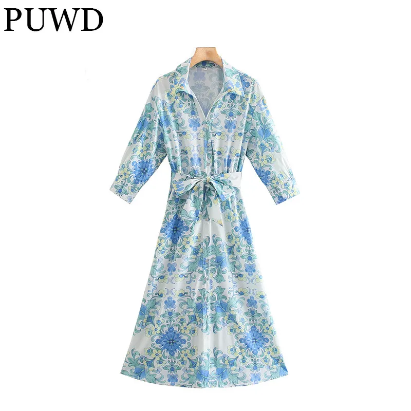 

PUWD Leopard Women Midi Dress Shirt Collar Sash Ladies Print Dress 2021 Autumn Fashion Bow Belt Frenulum Female Chic Dresses