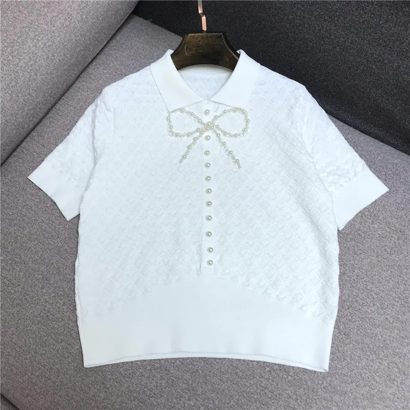 

2021 Summer New Bead Bowknot Short-Sleeved Pullover Tees for Women Thin Knit Top Elelgants Woman Solid Color Knitted Tshirt