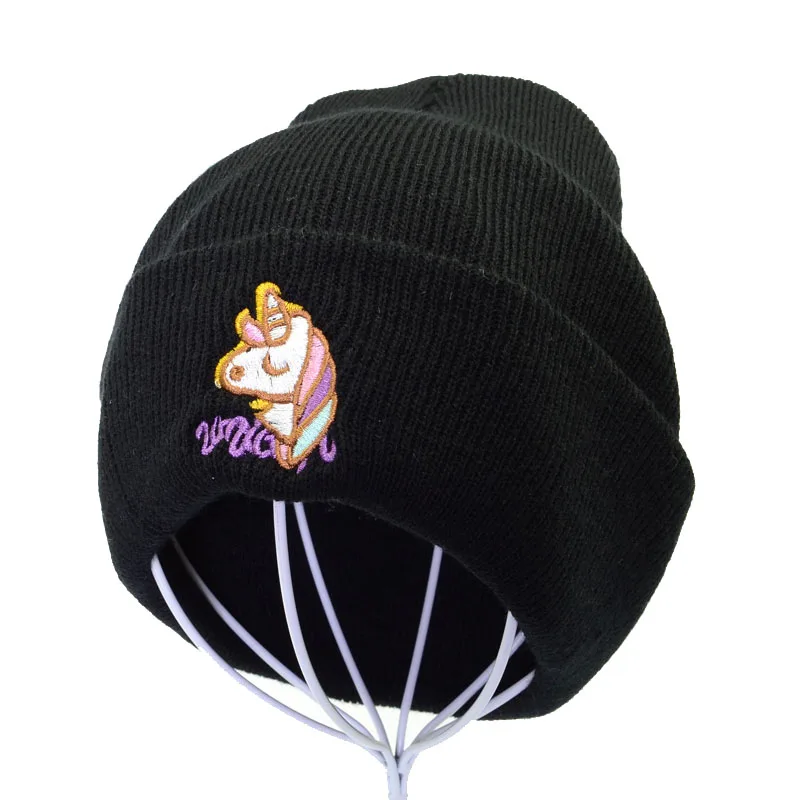 Осенняя Женская Вязаная Шапка-бини зимняя шапка в стиле унисекс с единорогом