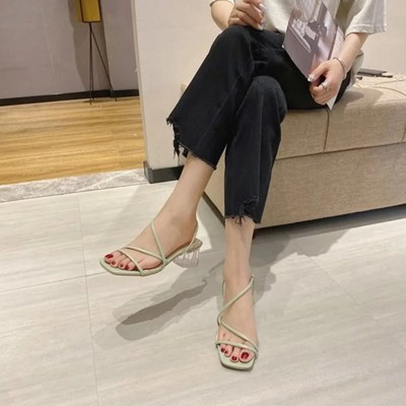 

Женские босоножки на высоком каблуке, прозрачные Нескользящие туфли на толстом каблуке, с кристаллами, в Корейском стиле, есть на складе