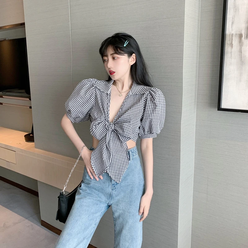 

Summer style new 2021 Women's Clothing plaid shirts crop top fashion brand sexy club ladies tops puff sleeve bow Blouses