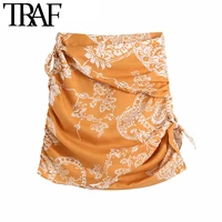 traf women fashion with knot printed pleat mini skirt vintage high waist back zipper female skirts mujer