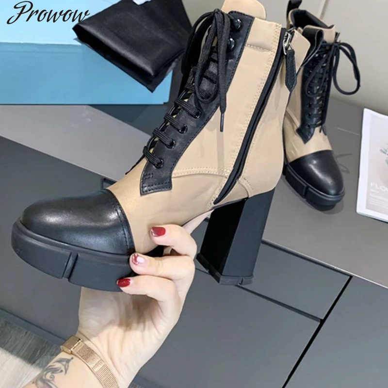 

Prowow 2021 Women Boots Ankle Boots High Heel Platform Shoes Genuine Leather Autumn Winter Round Toe Lace Up Runway Look