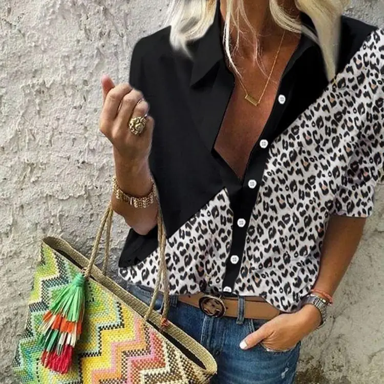 Womens Fashion Leopard Print Loose Shirts Mid-Sleeve Turn Down Collar Twill Printed Tops Autumn Spring Casual Blouse Women