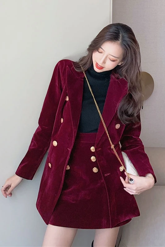 

Gold Velvet Two Piece Set Women Lapel Collar Long Sleeve Crop Tops High Waist Mini Skirt Female Suits Autumn New