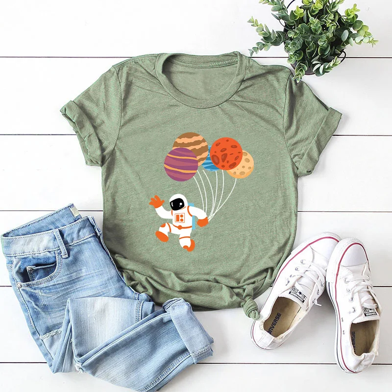 

Women Astronaut Print T-shirt Casual Colorful Balloons Basic Cotton Oversized T Shirt Harajuku Summer Cartoon Tee
