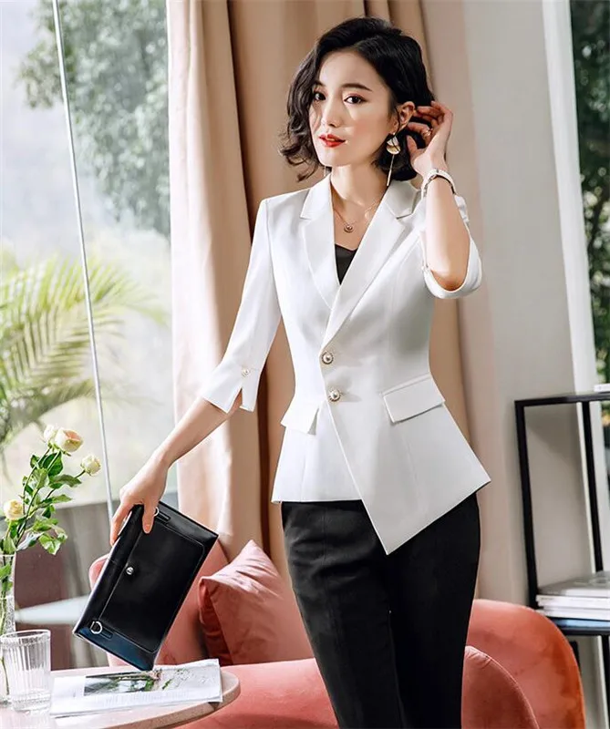 Женский деловой костюм Блейзер белая куртка + черные брюки формальные женские
