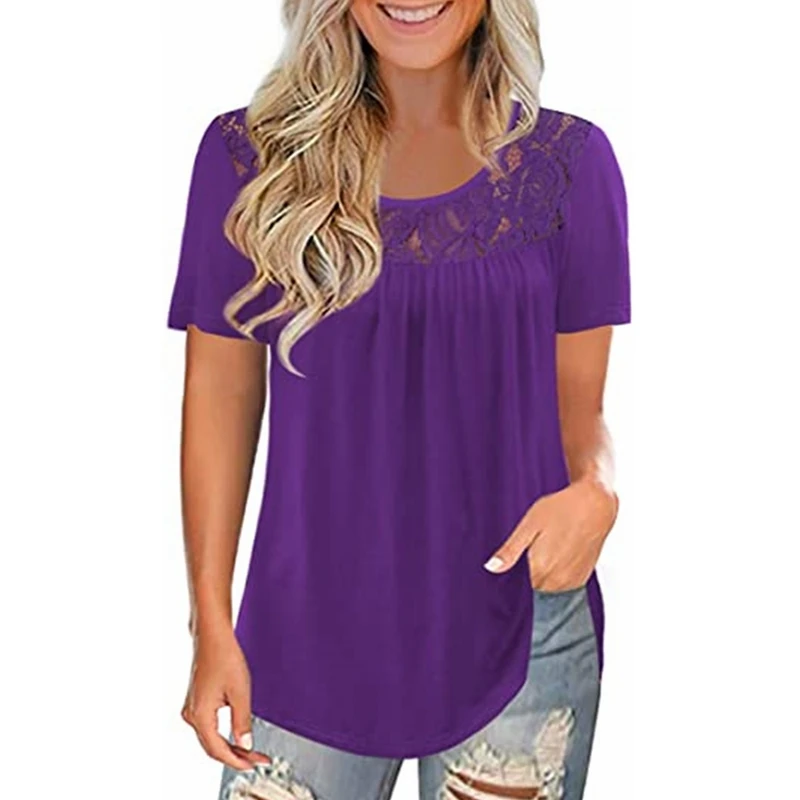 

WEPBEL T-shirt Women's Casual Loose Solid Color Pleated T-shirt Summer Fashion Short Sleeve O-Neck Lace Stitching T-shirt