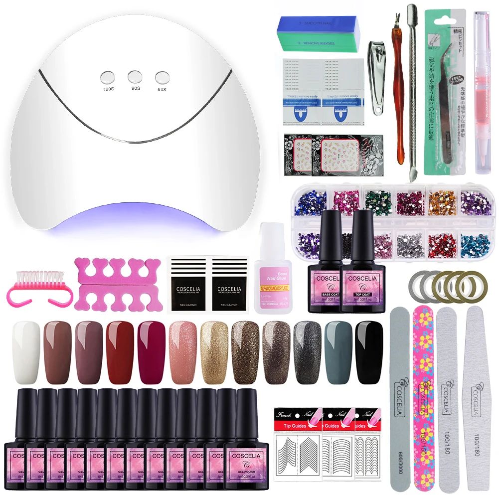 KIT 04 12 COLOR Маникюрный набор для начинающих 36 Вт Светодиодный УФ-светильник Сушилка для ногтей Гель-лак для ногтей Впитывается все для маникюра Инструменты для дизайна ногтей сверлильный станок для ногтей комплект - Цвет: KIT 04 12 COLOR