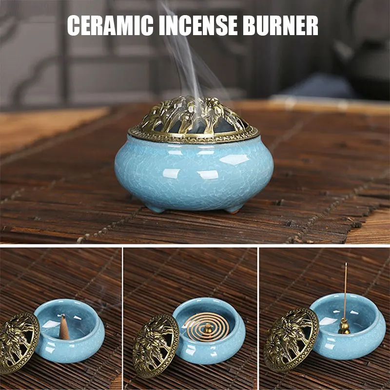 Porcelain Censer Sleep Aid Antique with Copper Cover Ceramic Buddhist Aromatherapy Diffuser Cone Sandalwood Incense Relax Yoga | Дом и сад
