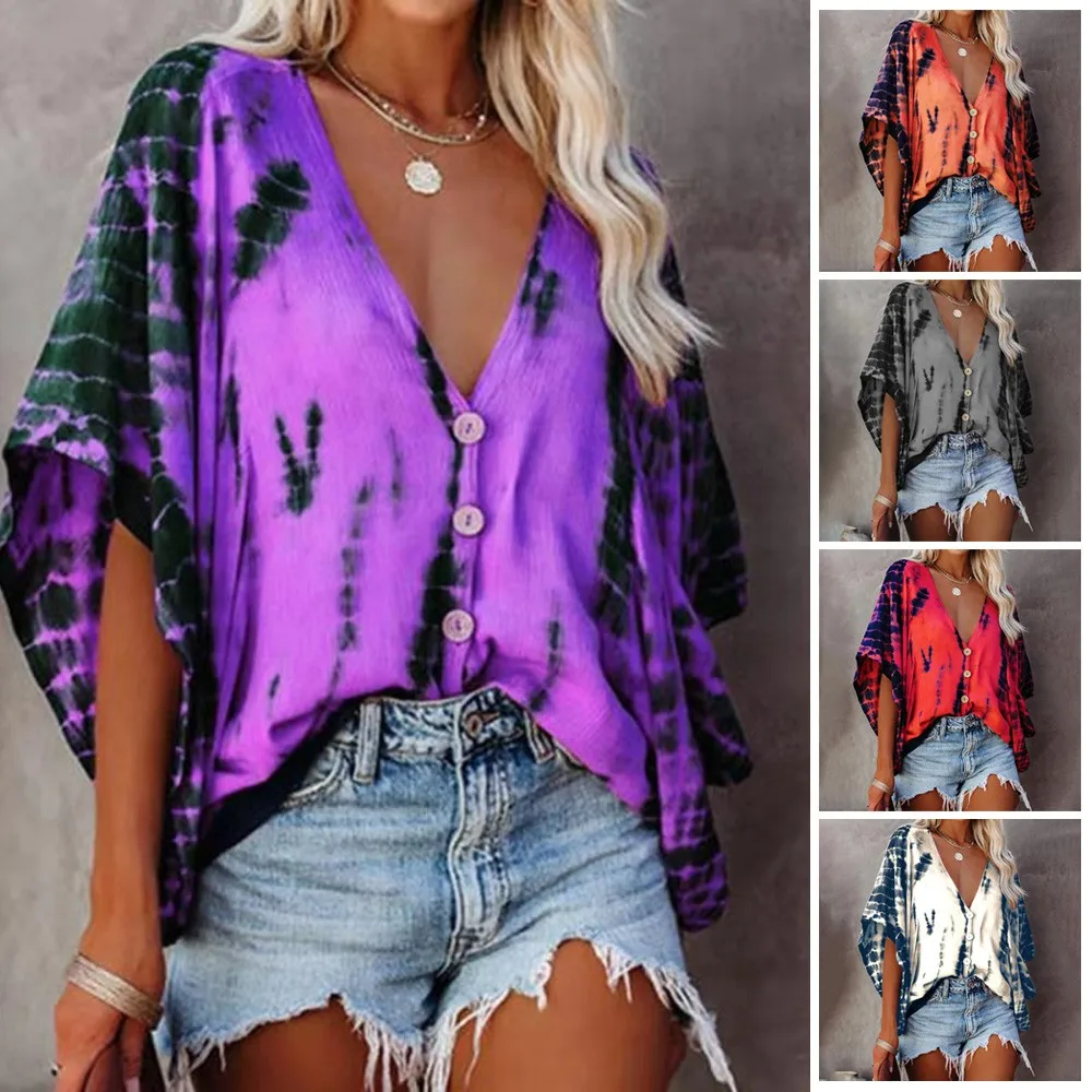 

Summer Womens V Neck Bat Sleeve T Shirt Loose Button Blouse Casual Tie-Dye Tops Pleated T Shirts Ladies Plus Size Street Style