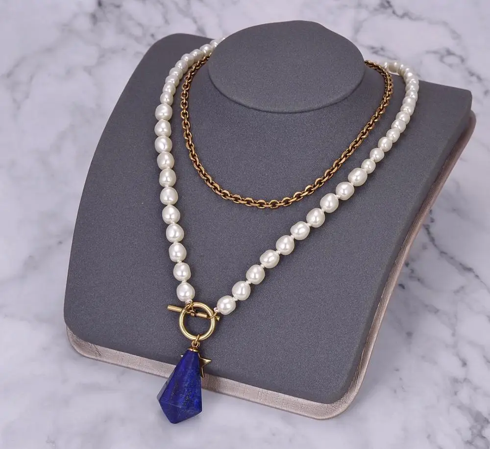 

Top Quality Fashion Blue Tassel Stone Pearls Luxcy Party Necklace Vintage Chain Jewelry Neckalce