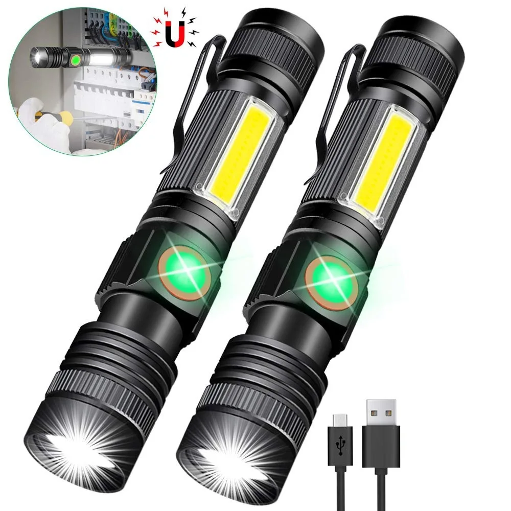 

Ultra Bright Led Flashlight Cree T6 Cob 18650 Battery Usb Rechargeable Waterproof Torch Zoomable 4 Light Modes Magnet Work Light