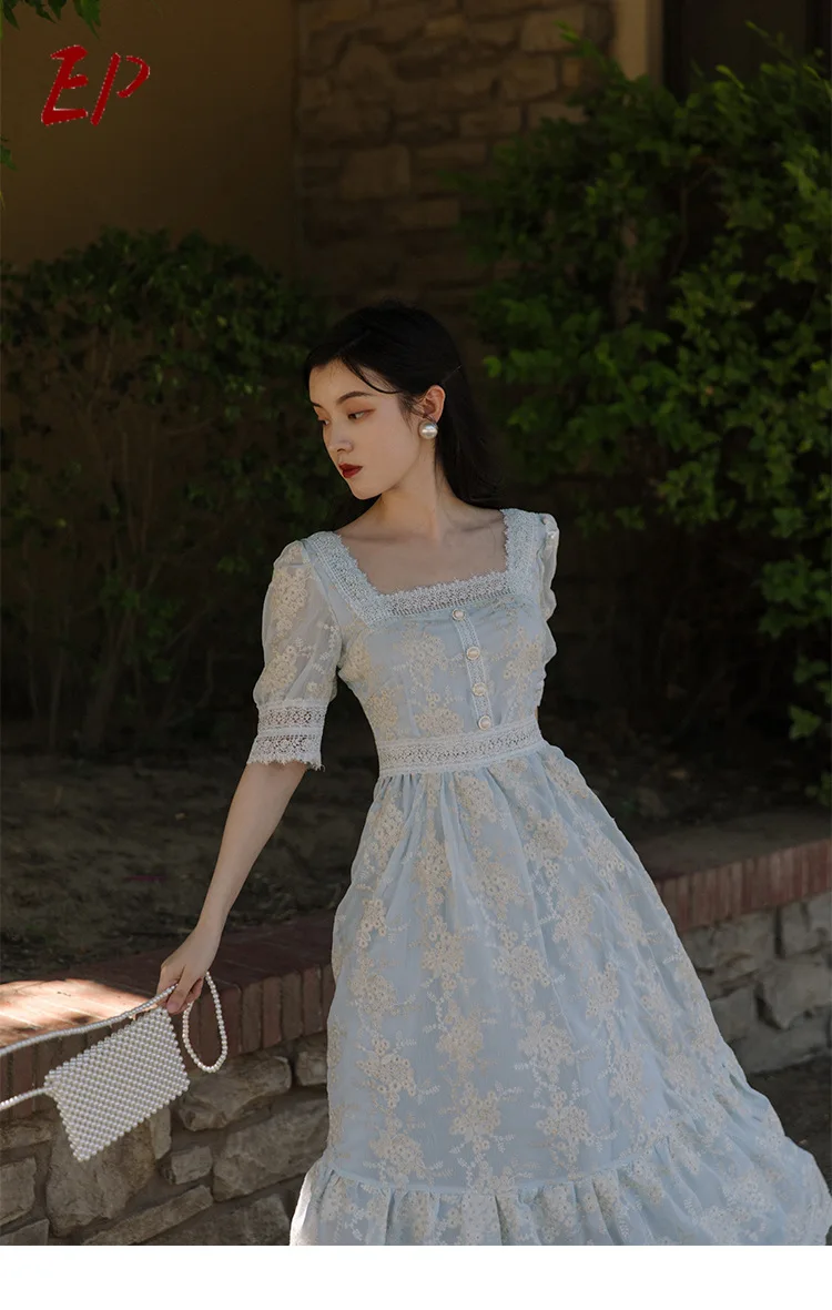 

EP New Arrival Bubble Sleeve High Waist French Court Style Lace Embroidered Square Collar Retro Dress