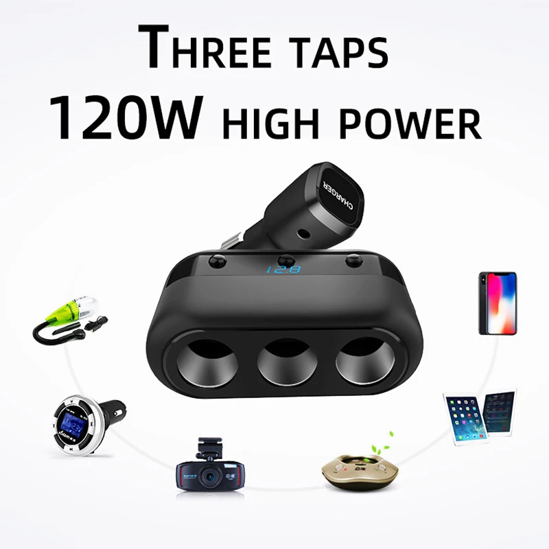 

car cigarette lighter splitter charger Quick charge USB power adapter TypeC mobile phone charger voltage display One drags three