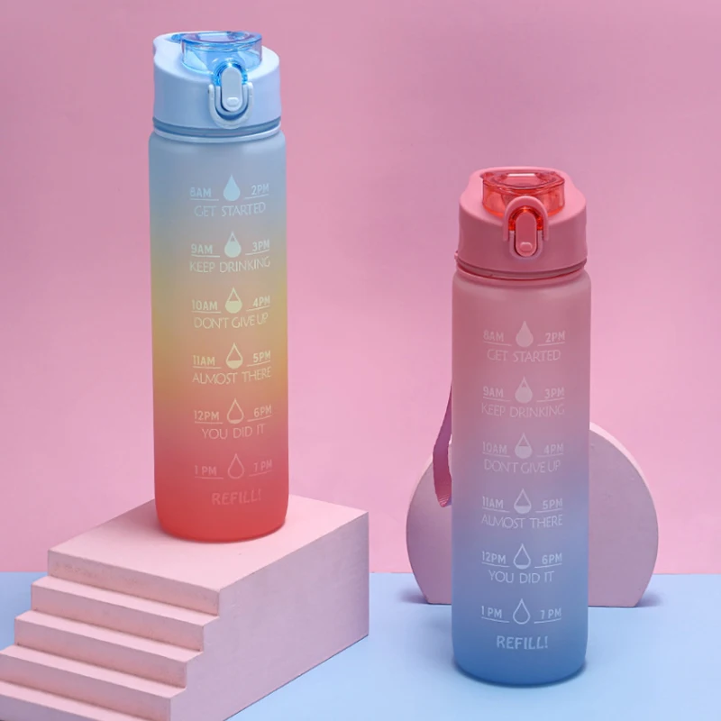 1000 ML Water Bottle With Bounce Cover Time Scale Reminder Frosted Leakproof Cup Rainbow Gradient Outdoor Sports |