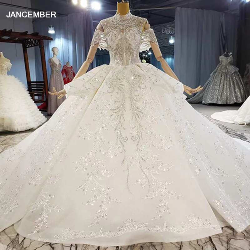 

HTL2024 Luxurious High Neck Crystal Beading Sequined Wedding Dress 2021 For Woman Ball Gowns Short Sleeve
