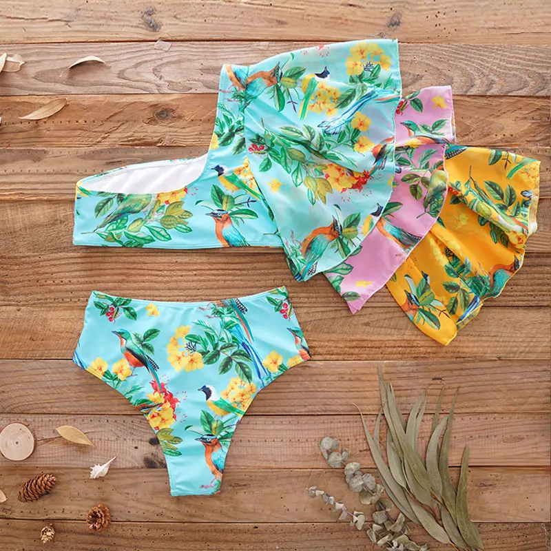 Sexy Long Sleeve Bikini 2021 One Shoulder Ruffle Swimsuit High Waist Swimwear Women Print Bathing Suit Beach Wear Swim | Женская одежда
