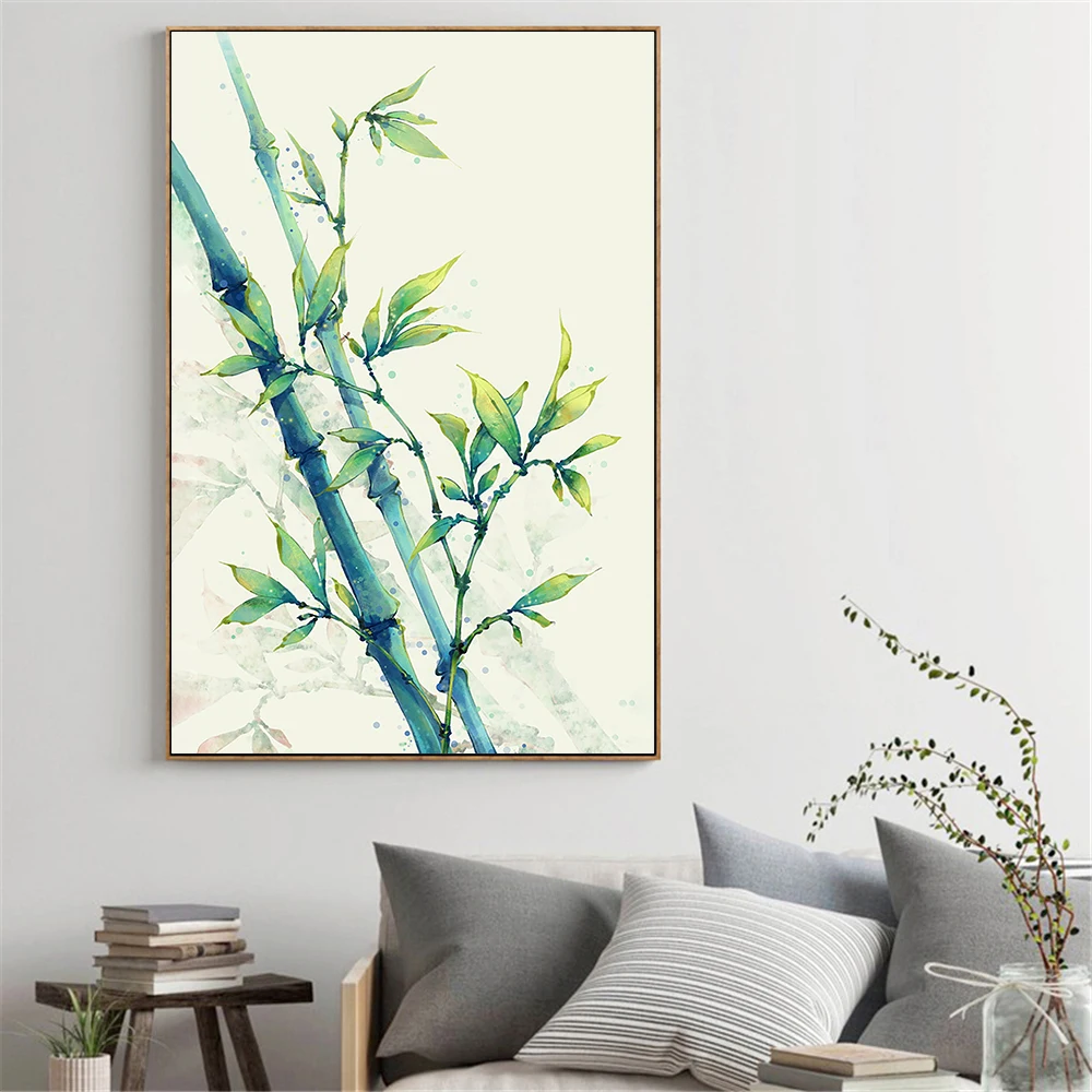 Настенное искусство китайский бамбуковый постер акварель зеленое растение
