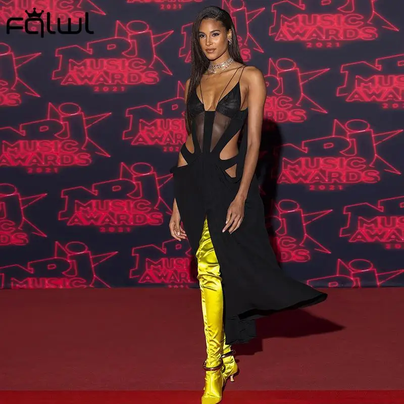 

FQLWL осенне-зимние сетчатые Лоскутные черные сексуальные платья для женщин 2021 вечерние нее облегающее платье на бретелях с открытой спиной ж...