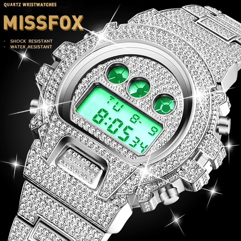 

Часы наручные мужские Платиновые, цифровые в стиле MISSFOX G Shock, Спортивные Светящиеся со стразами, в стиле хип-хоп, с секундомером