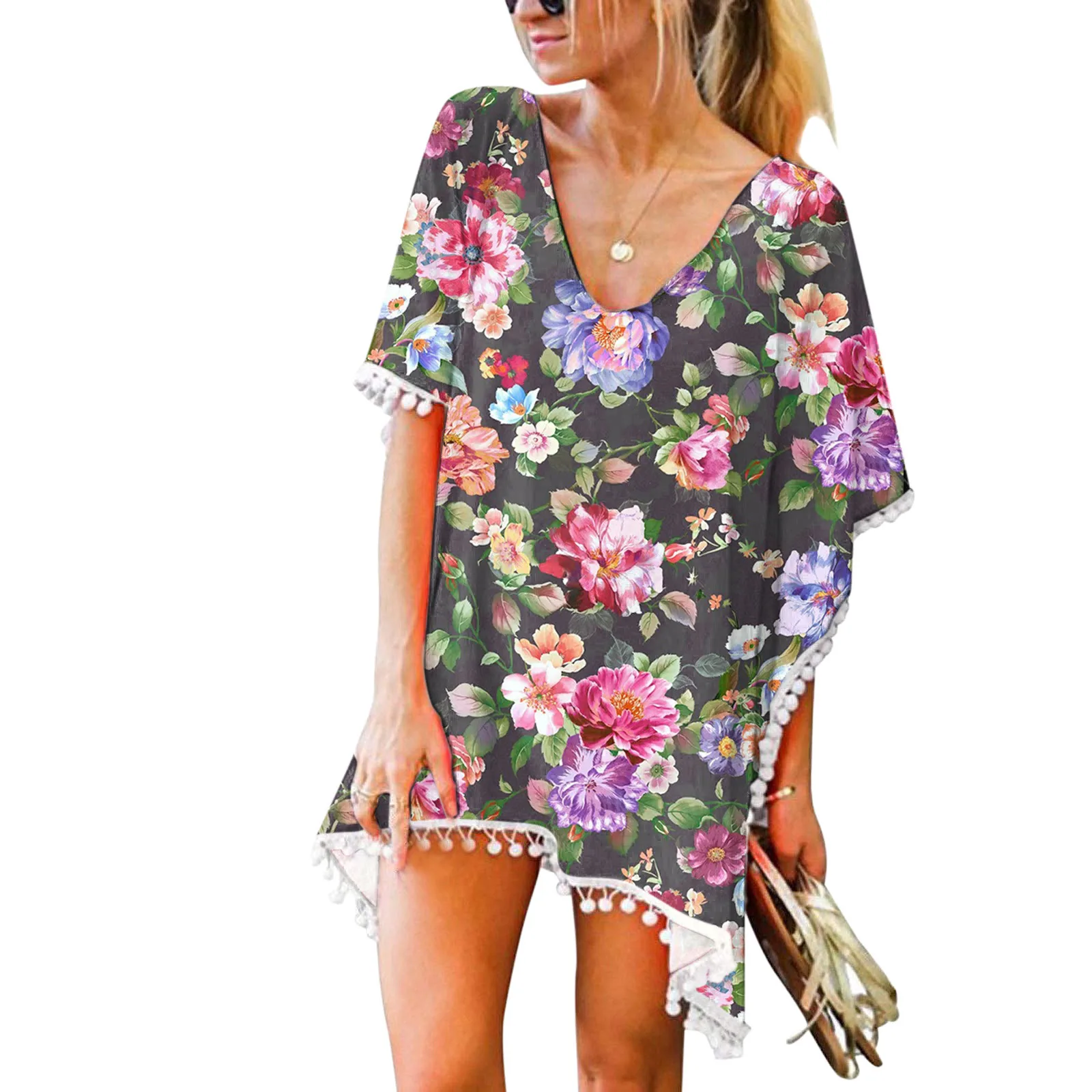 

Women's Trim Kaftan Chiffon Tassels Swimwear Beach Loose Bikini Cover Up Tops 2021
