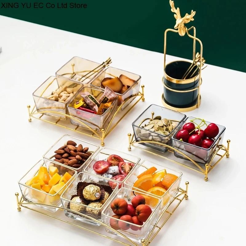 

Glass Snack Platter Creative Household Dried Fruit Plate Golden Iron Rack Ceramic Storage Jar Living Room Decoration Ornaments