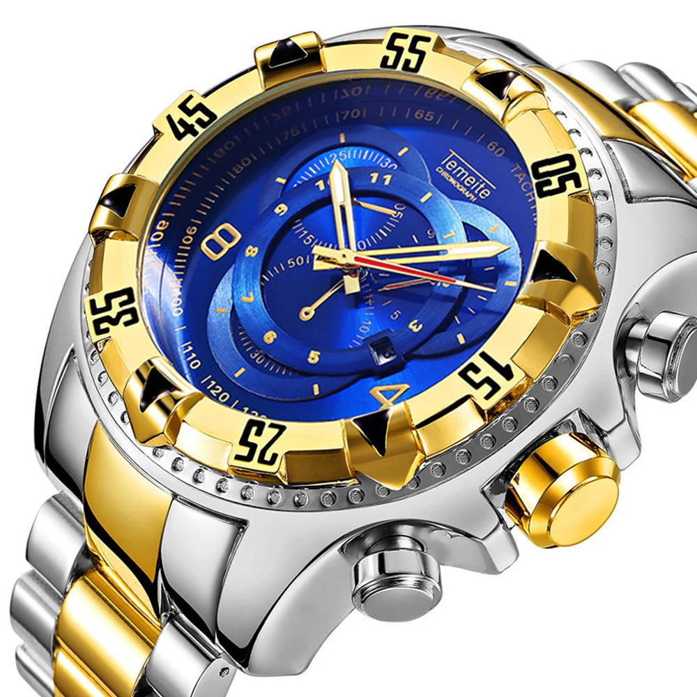 

Mens Watches 52mm Blue Big Dial Full Stainless Steel Multifunctional Quartz Watch Dress Luxury Classic Clocks Relógio masculino