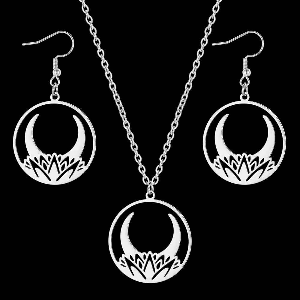

Vnistar 100% Stainless Steel Minimalism Lotus Crescent Earring Necklace Jewelry Set Women Wholesale Dropshipping