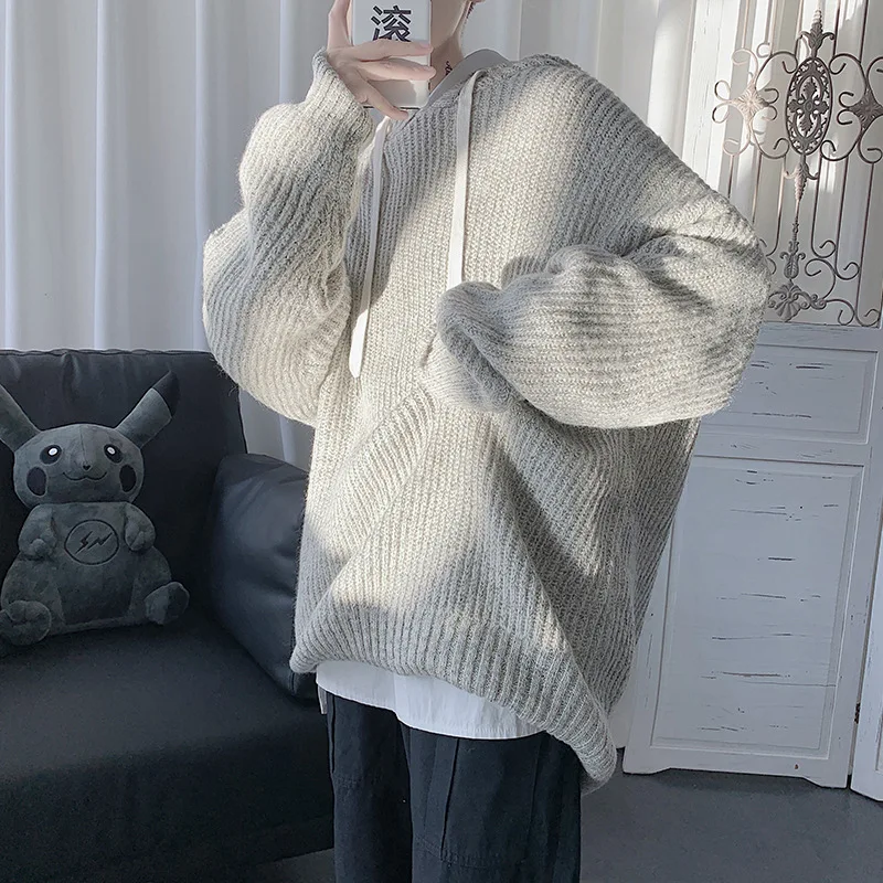 

Men Solid Pullovers Hooded Loose Long Sleeve Casual Autumn Winter Knitted Sweater Korean Style High Quality All-match Chic Teens