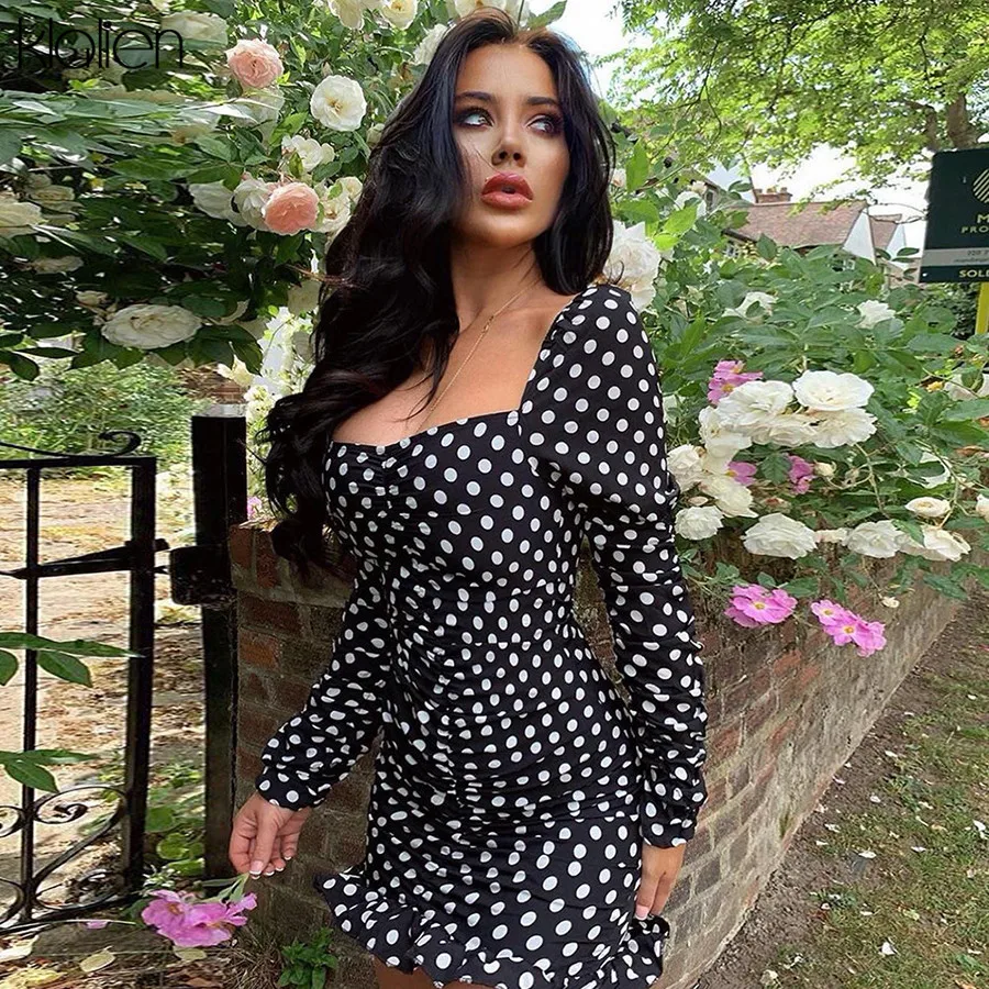 Klanien модное женское платье с оборками облегающее Осеннее мини длинным рукавом и