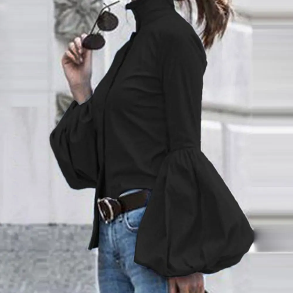 

Spring Autumn Solid Women Turtleneck Blouse Long Lantern Sleeve Shirts High Street Quality Female Fashion Chiffon Button Tops