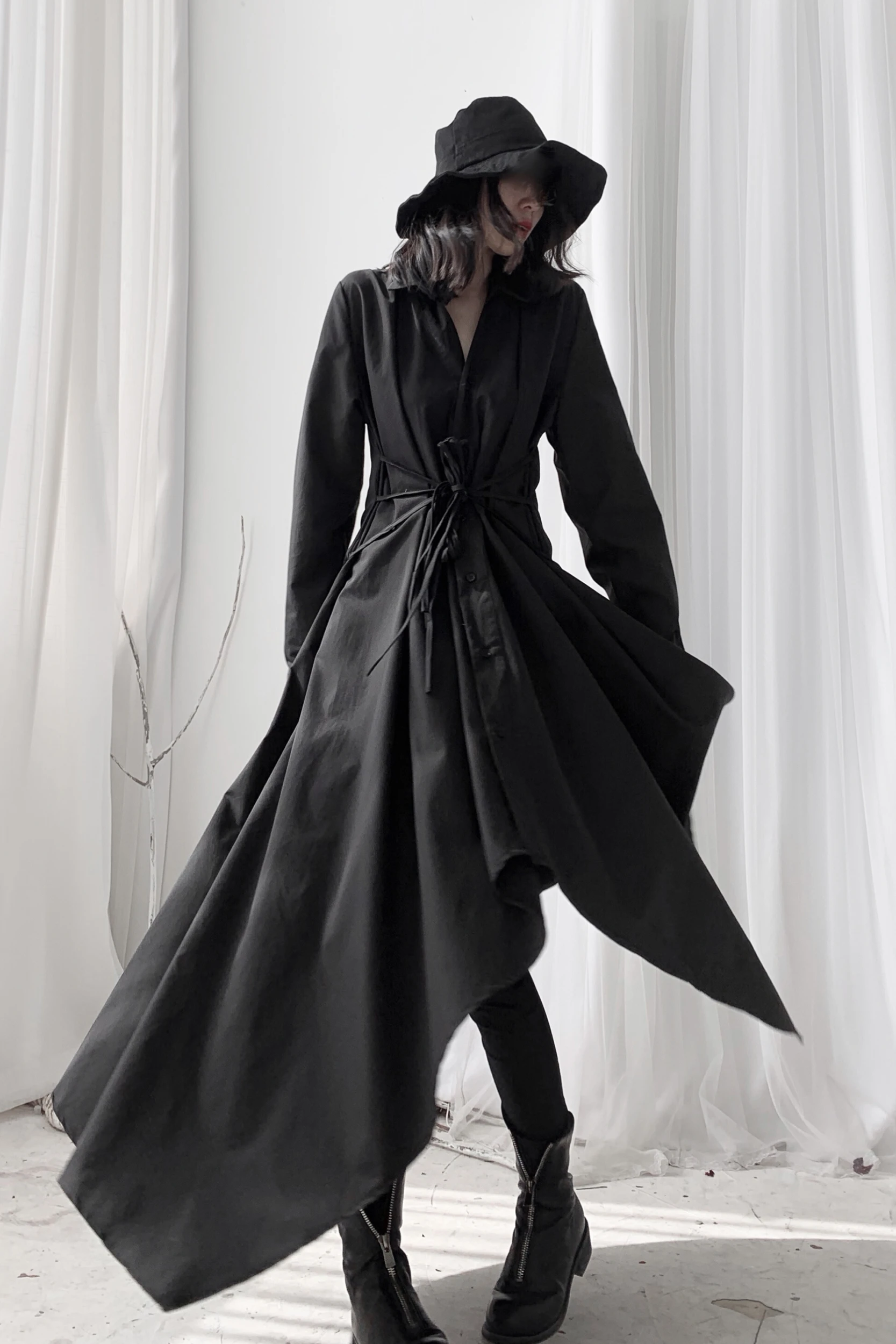 

SuperAen 2021 Long Sleeve Original Design Shirt Dress Spring Summer Japan Style Stretwear Black Long Dress