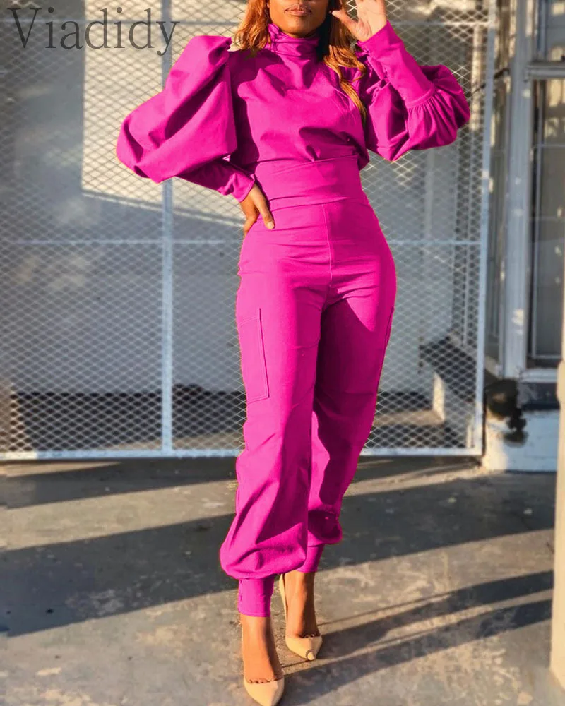 Женский Повседневный однотонный комплект из 2 предметов блузка с пышными