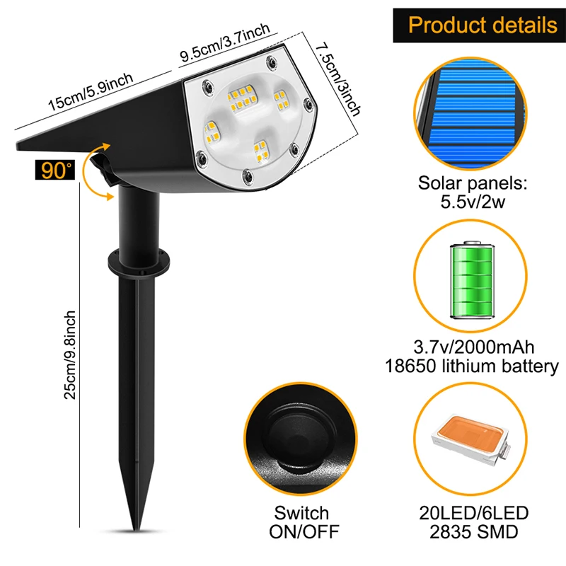 

2in1 Solar Spotlights Outdoor Solar Landscape Lights Waterproof Adjustable Wall Lamp for Patio Pathway Yard Garden Driveway Pool