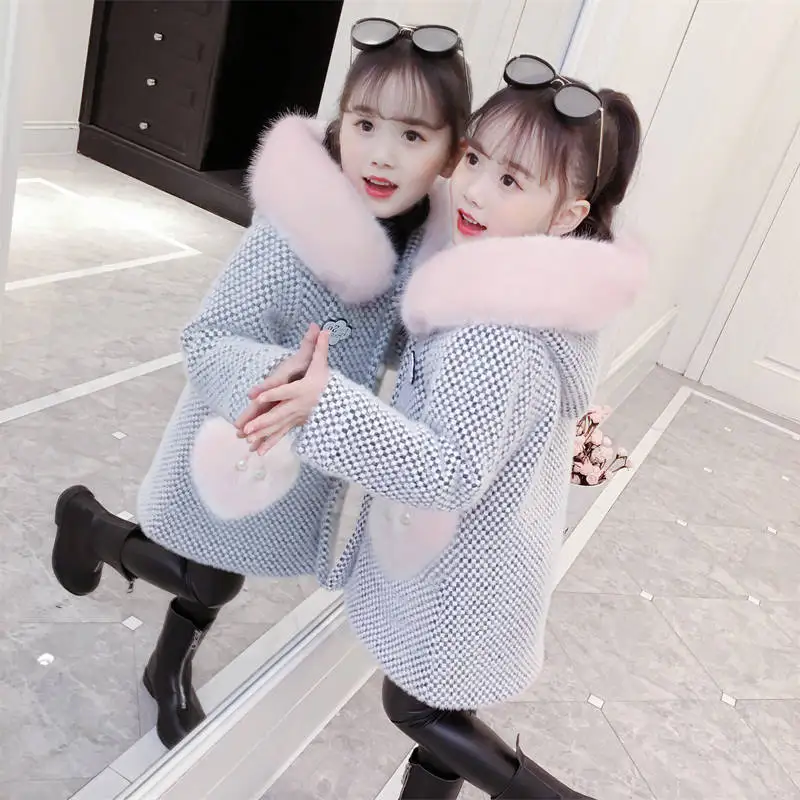 black with fur Г. Осенне-зимняя детская верхняя одежда из искусственного меха норки для девочек детское плотное теплое пальто-кардиган клетчатые куртки для девочек-подростков Q296 - Цвет: black with fur