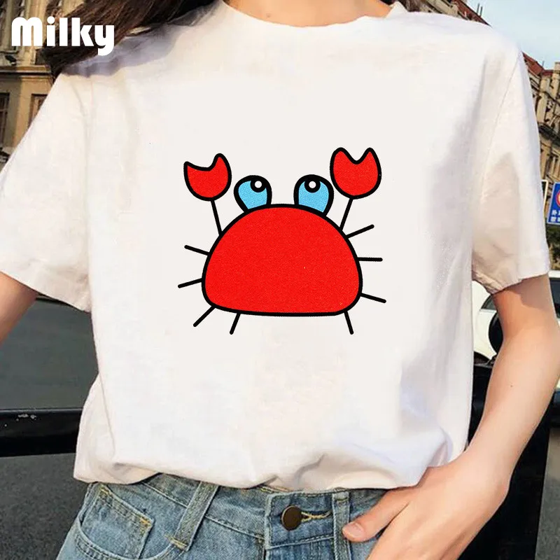 Женская футболка с принтом краба милые топы коротким рукавом и круглым вырезом