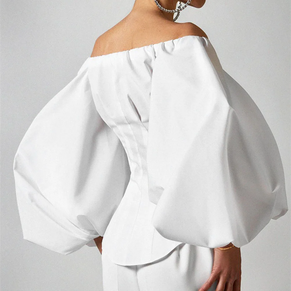 

Office Ladies Sexy Chic Pure White Black Blouse Single-Breasted Lantern Sleeve Off Shoulder Cotton Shirts Vintage Spring Tops